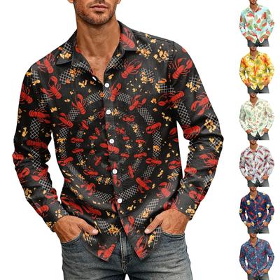 Men's Lobster Print Long Sleeve Hawaiian Shirt Button Down Collar Casual Beachwear Shirt for Summer Vacation and Outdoor Activities