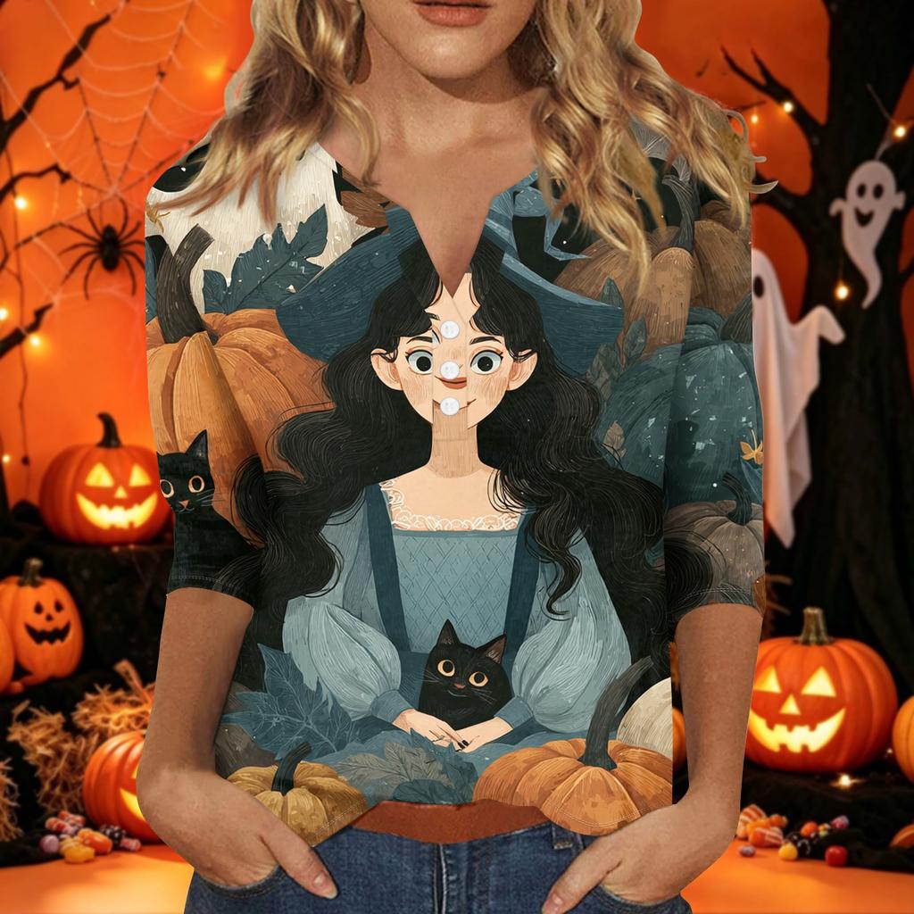 Women's Halloween Print V-Neck Short Sleeve T-Shirt with Decorative Buttons for Casual Fall Outfits