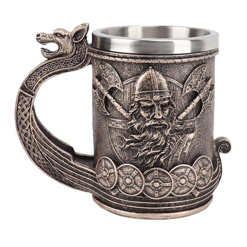 

Stainless Steel Mug Viking Beer Mug Vintage Large Capacity Stainless Steel Liner Mug Resin Process Ornaments for Beer Coffee L