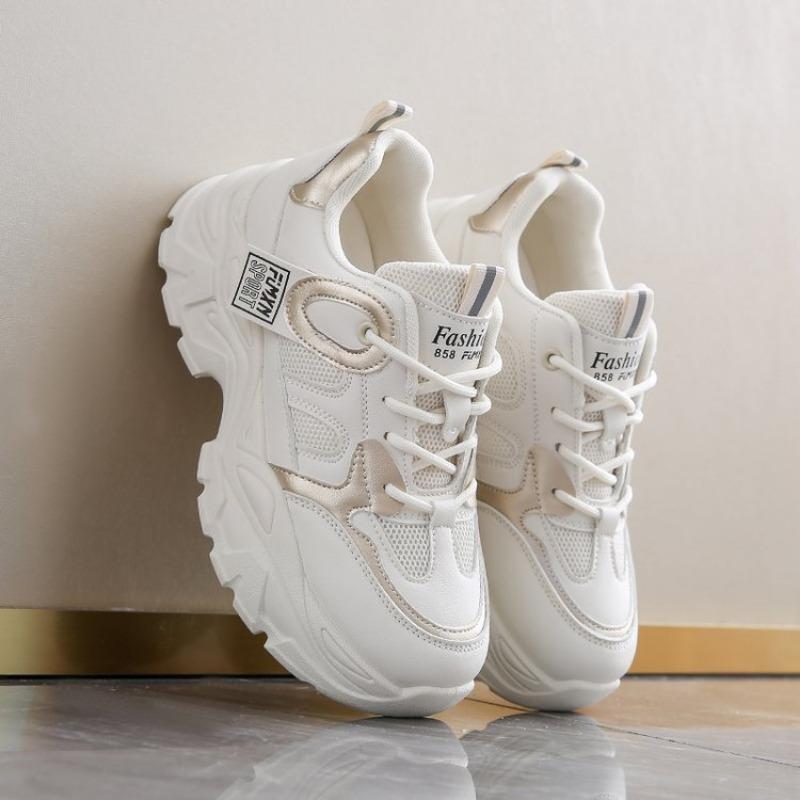 2024 Spring Lace-Up Thick Bottom Vulcanize Shoes White Platform Women's Sneakers Woman Pu Leather Wesh Breathable Sports Shoes