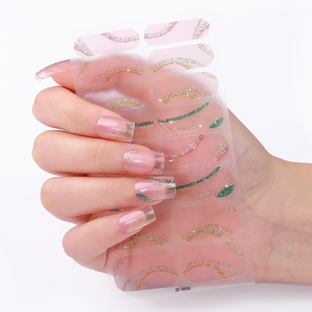 16Tips French Full Cover Nail Stickers DIY Nail Polish Strips Gold Lines Self Adhesive Nail Art Stickers Manicure Decoration