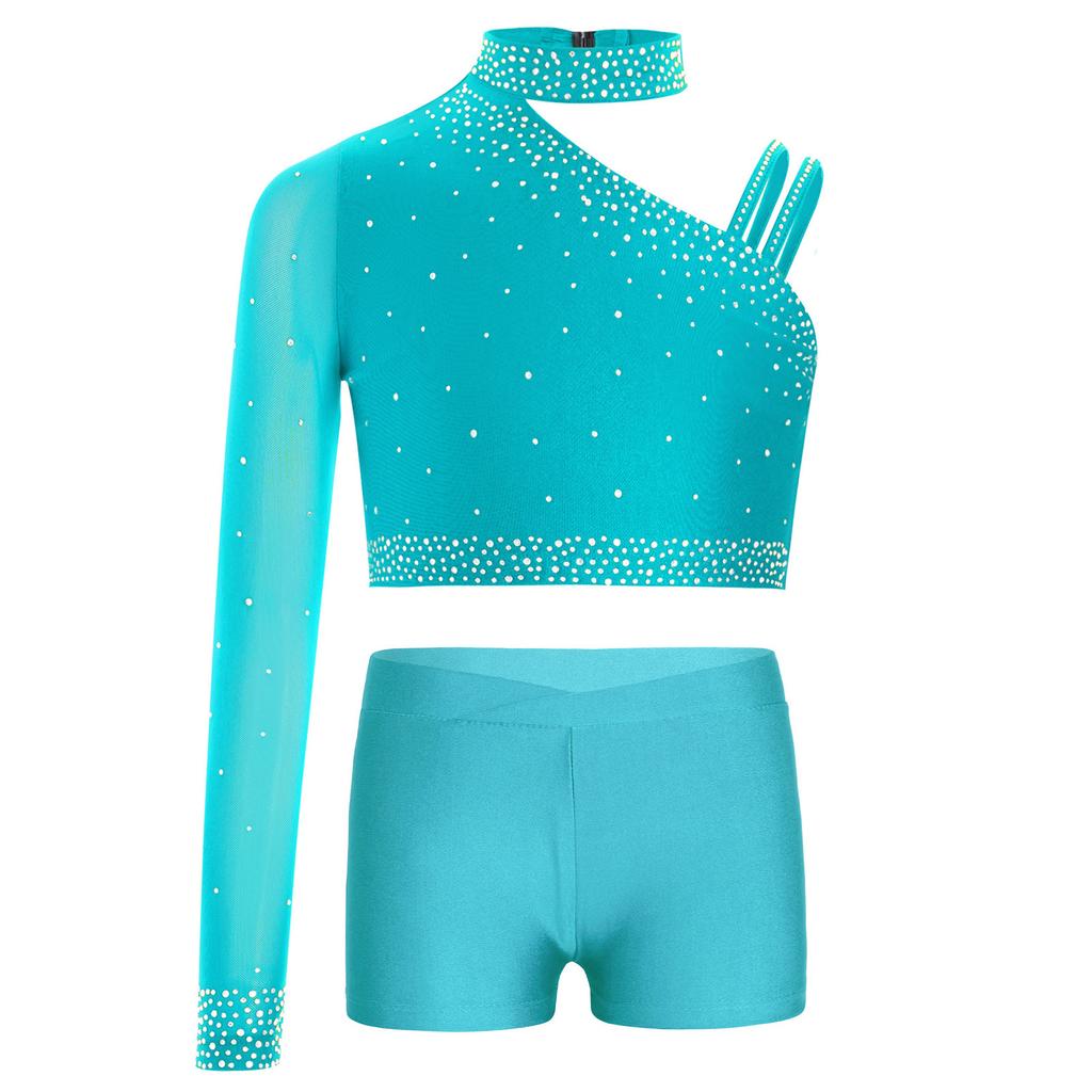 Girls Dance Performance Top Sparkly Rhinestone Irregular Shoulder Crop Top V Front Waistband Shorts