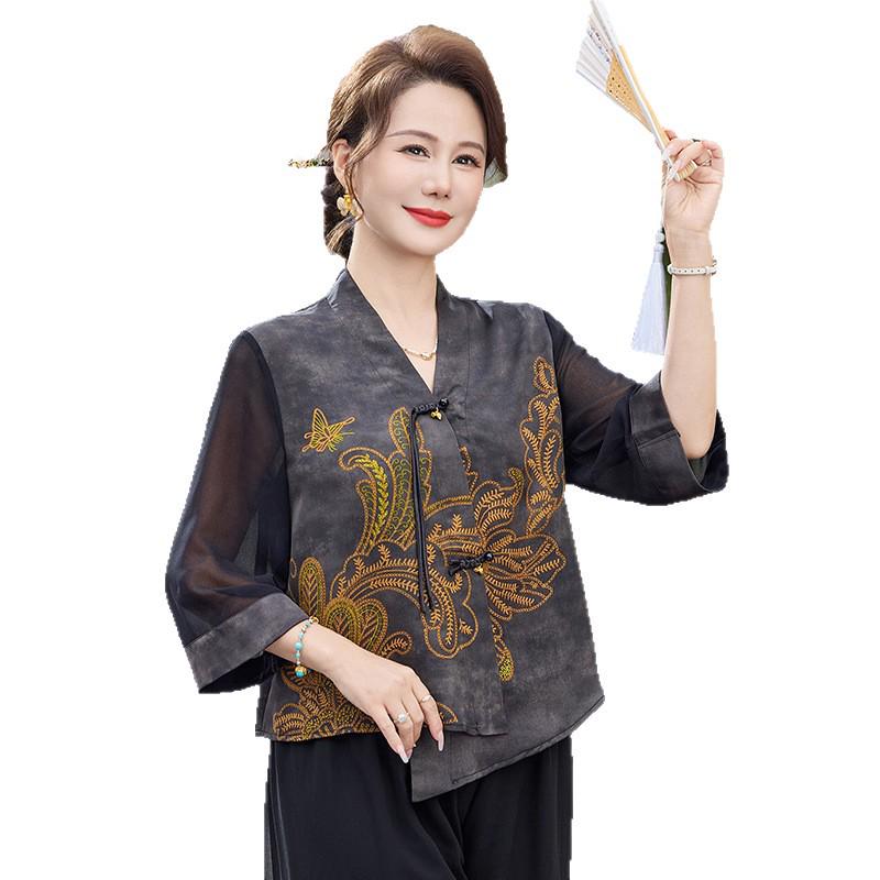 2026 Summer Slim-Fit Chiffon Blouse for Middle-Aged and Elderly Women - Chinese National Style