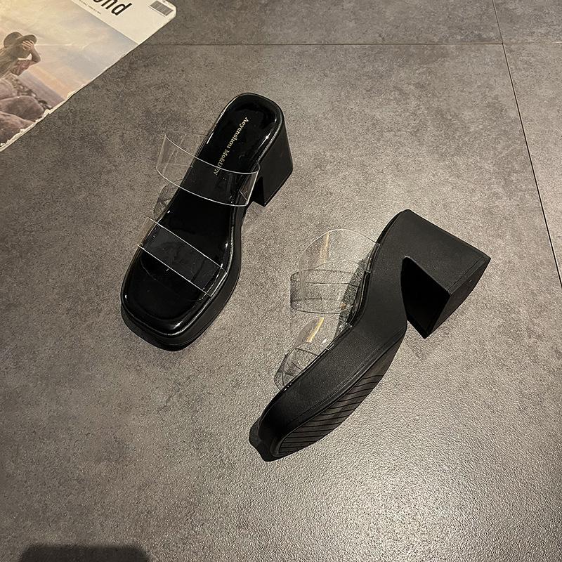 

Korean version thick-soled slope heel one-word drag women s spring and summer outer wear popular Internet celebrity super fire high heels transparent 35 чёрный