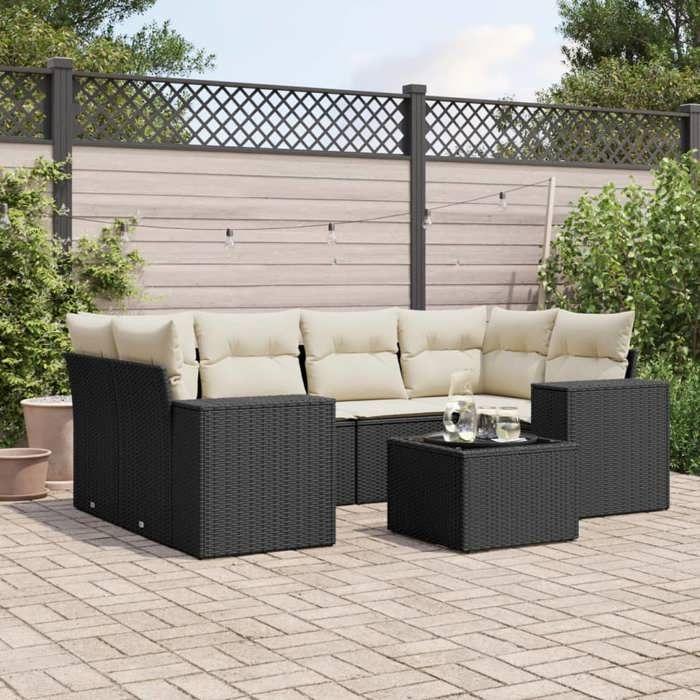 VidaXL Salon de Jardin avec Coussins 7 pcs, Canapés de Terrasse, Ensemble de Meubles de Patio, Mobilier d'Extérieur, Noir 3222315