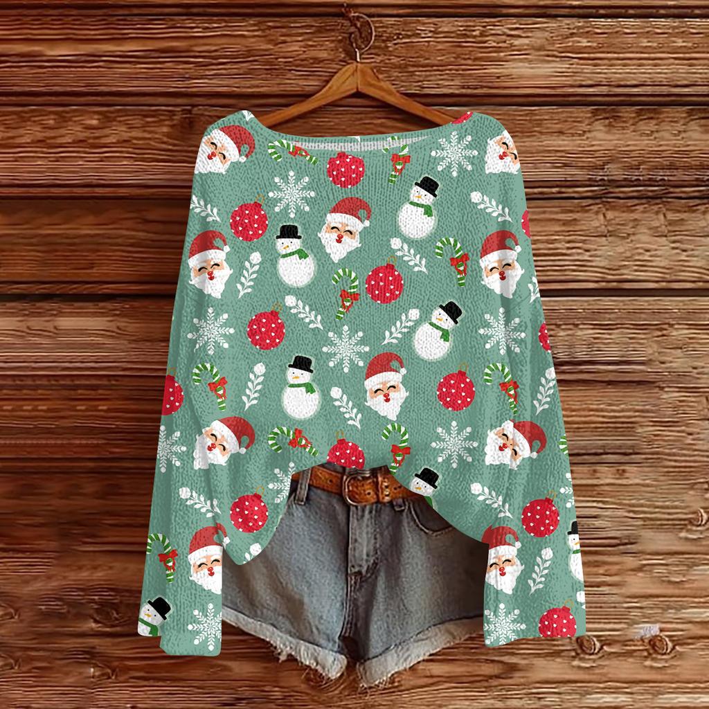 Women's Fashionable Oversized Knitwear Long-Sleeved Christmas Print Top