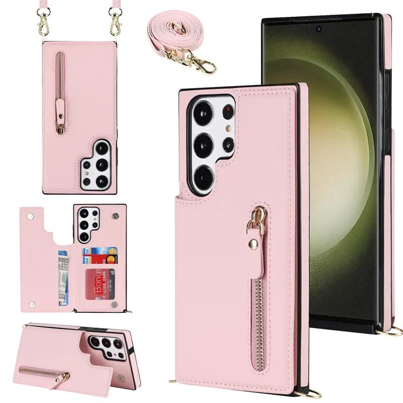 Zipper Wallet with Card Holder CrossbodyPhone Case for Samsung Galaxy S23 S21 S20 FE S24 S22 Plus S25 Ultra Leather Cover