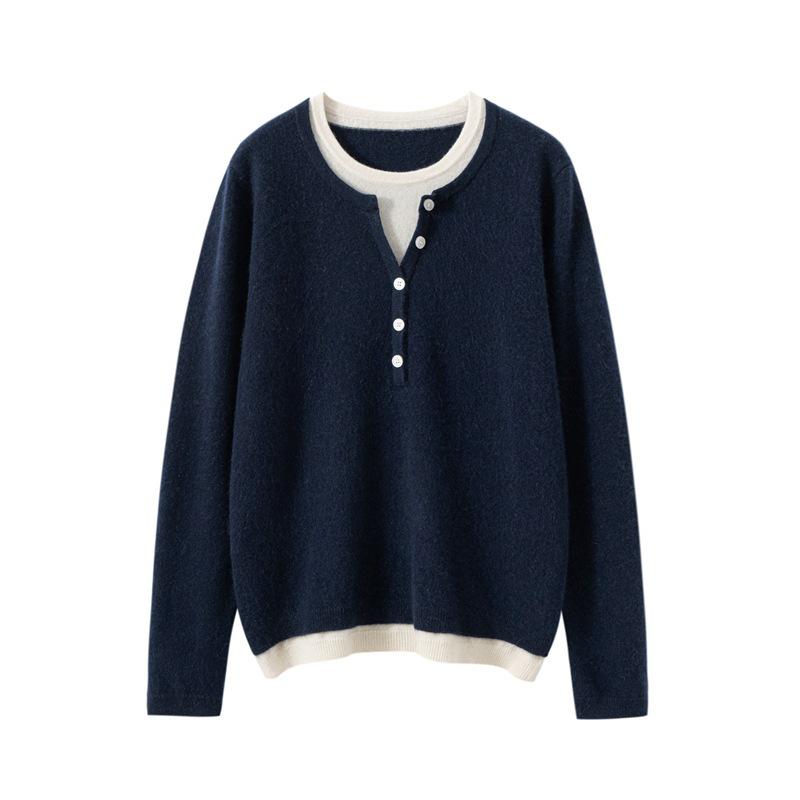 Autumn/Winter Women’s Color Block Cashmere Knit Layered Round Neck Pullover Sweater
