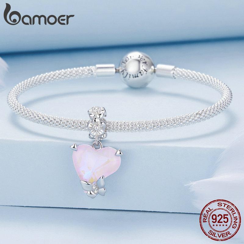 BAMOER, argint 925, inimă, culoare moca, mărgele de sticlă, zircon, farmece mici fluture pentru femei, brățară și colier, bijuterii DIY