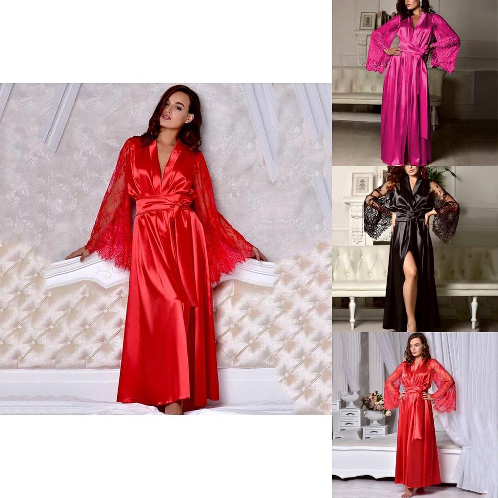 Elegante Camicia da Notte da Donna in Raso di Seta con Pizzo Lingerie Kimono Abbigliamento da Notte Lunga Vestaglia