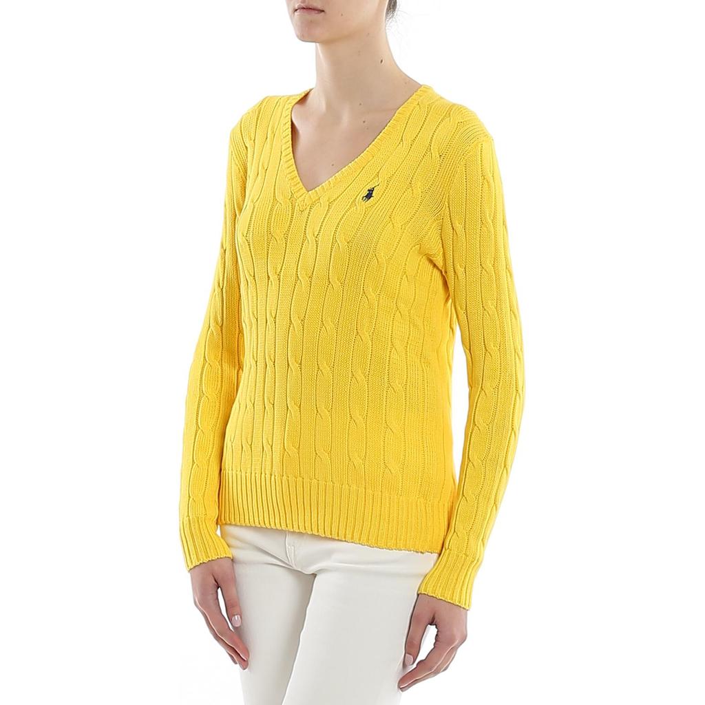 Polo Ralph Lauren Logo Embroidered V-Neck Pullover Long Sleeve Knit Sweater Women Sweater Yellow 211580008-057