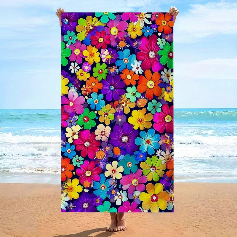 1PC Extra Large Beach Bath Towel, Retro 60s Pop Art Floral Pattern, Red Pink Yellow Purple Design on Black Background W30*H60(CM)