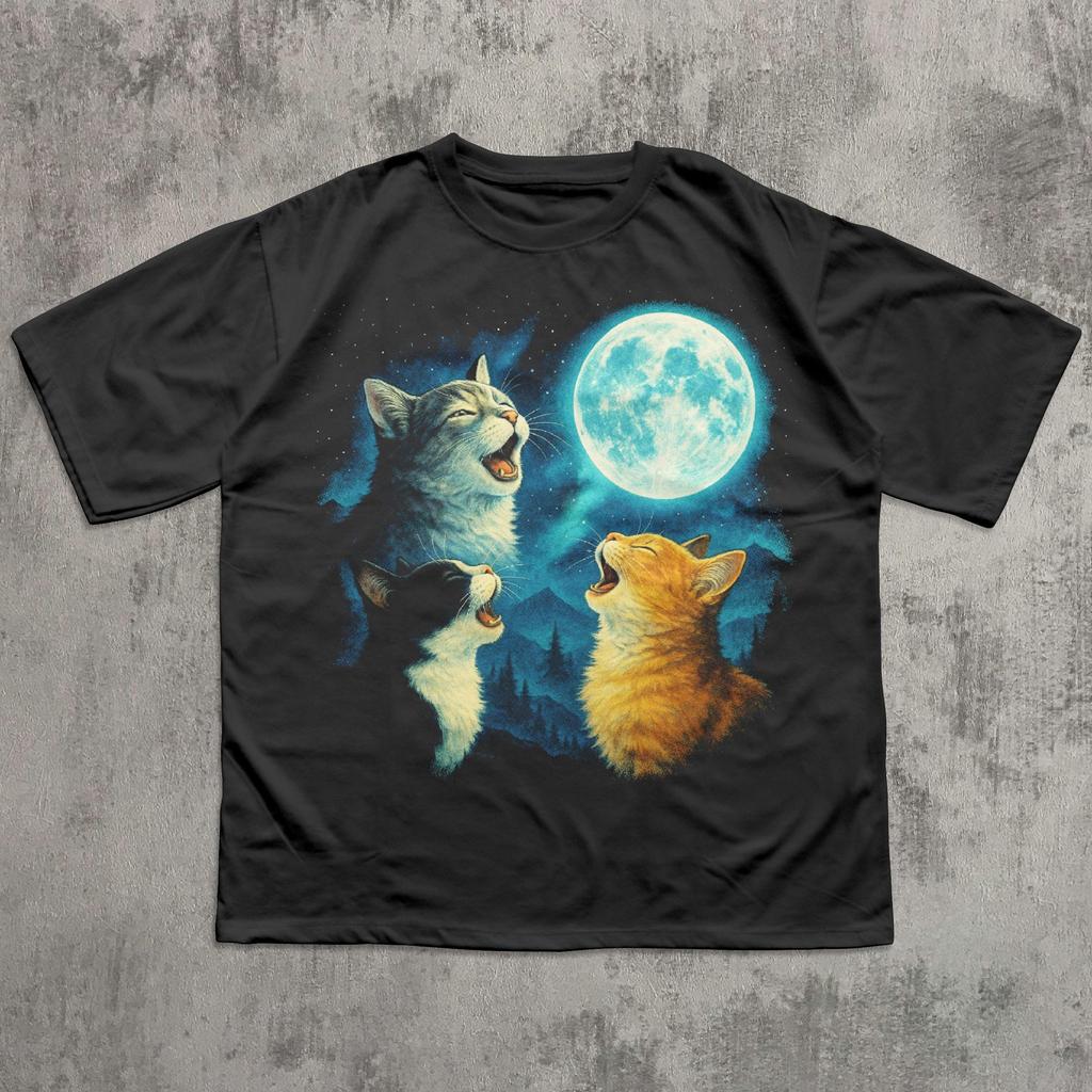 90s Retro Cats Meowing at the Moon T-shirt, Vintage Graphic Cat Tee, Trendy Summer Shirts, Y2k Clothing, Cat Moon Tee, Oversized Tshirt