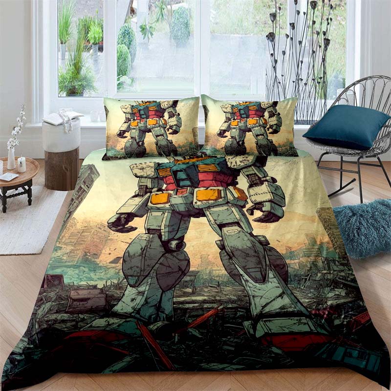 3D printed Mobile Suit Gundam bedding set, printed single duvet cover and pillowcase three-piece set, available in children's
