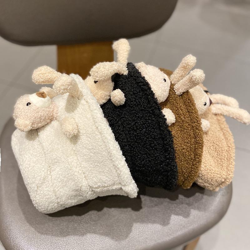 Hat Female Autumn and Winter Versatile Lamb Wool Bear Bucket Hat Cute Cute Cute Warm Basin Hat