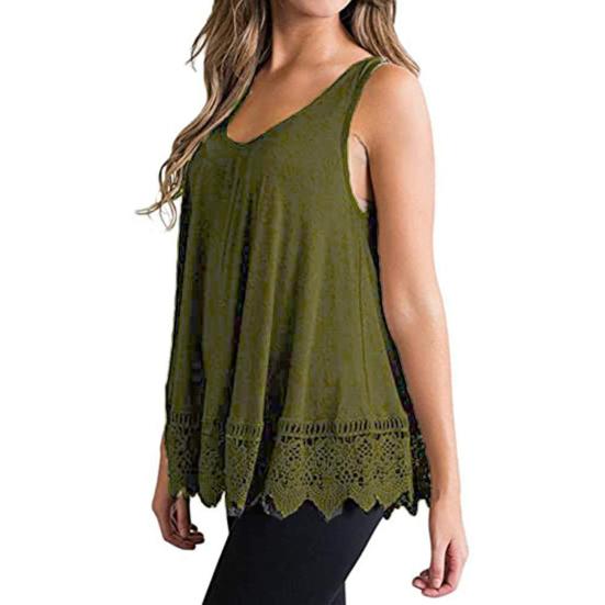 Women Vest Sleeveless Round Neck Lace Hem Solid Color Plus Size