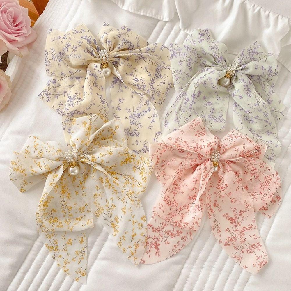 

Y2K Large Bow Hair Clips Bowknot Floral Ribbon Barrettes Graceful Pearl Chiffon Hair Clips Girl