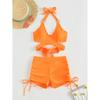 Sexy High Waist Two-piece Bikini Women's Solid Hollow Swimsuit Cross Gathered Swimwear Summer Drawstring Beach Bathing Suit