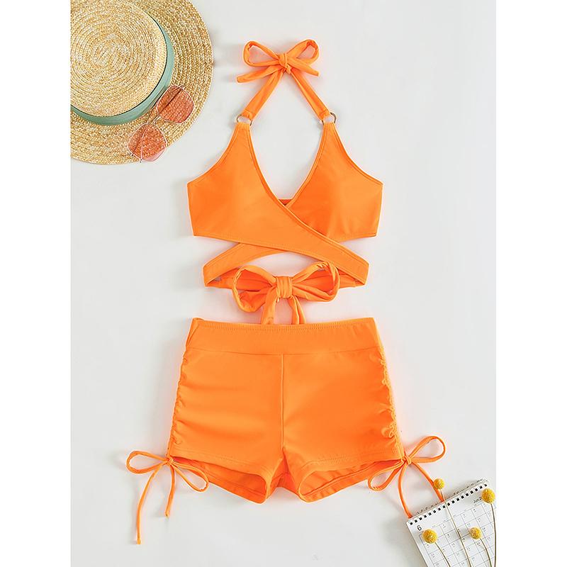 Sexy High Waist Two-piece Bikini Women's Solid Hollow Swimsuit Cross Gathered Swimwear Summer Drawstring Beach Bathing Suit