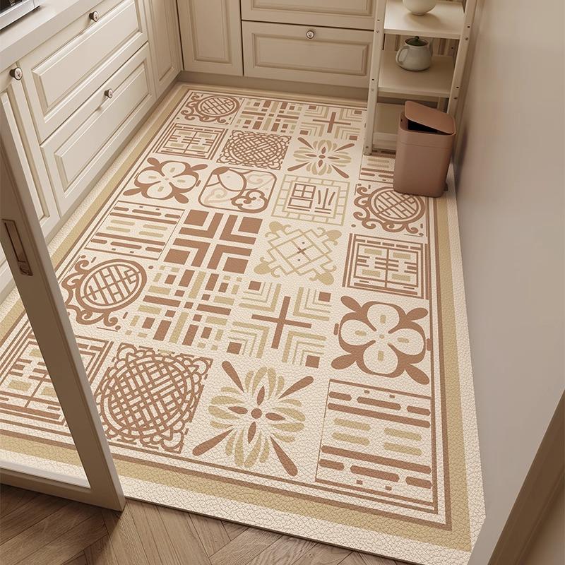 Retro Plaid Kitchen Floor Mat Oil-proof Waterproof PVC Leather Carpet Fashionable Home Decoration Free-cut Balcony Rugs Alfombra
