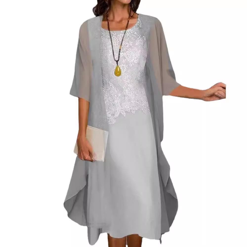 Set Rochie Două Piese din Șifon Monocrom cu Garnitură din Dantelă În Stoc