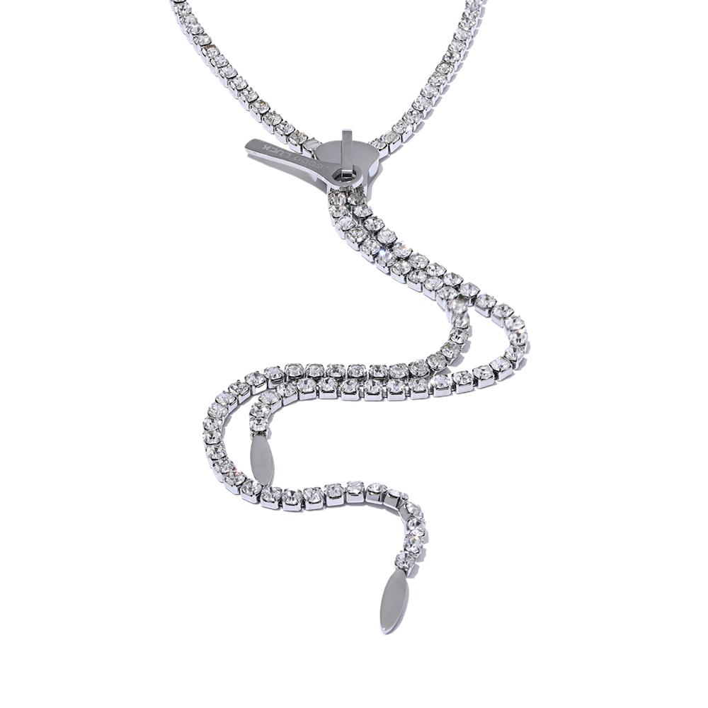 

Yhpup Luxury Shiny Cubic Zirconia Stainless Steel Zip Sweater Chain Long Necklace Fashion Gold Color Premium Jewelry High-Grade