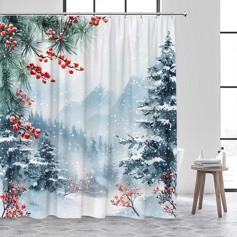 Winter Forest Landscape Shower Curtains Cedar Red Berries Watercolour Art Snow Scenery Fabric Bathroom Curtain Decor With Hooks