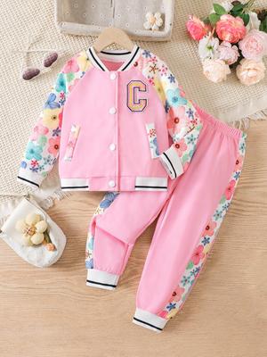 Girls' Floral Letter Embroidery Two-Piece Set: Long-Sleeve Jacket & Pants