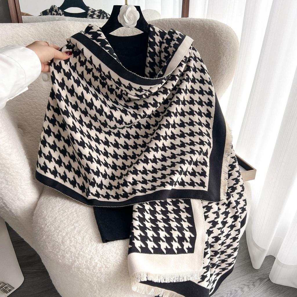 Women Retro Houndstooth Knitted Scarf Headscarf Elegant Ladies Warm Scarve Mujer Party Business Formal Wrap Shawl New Winter