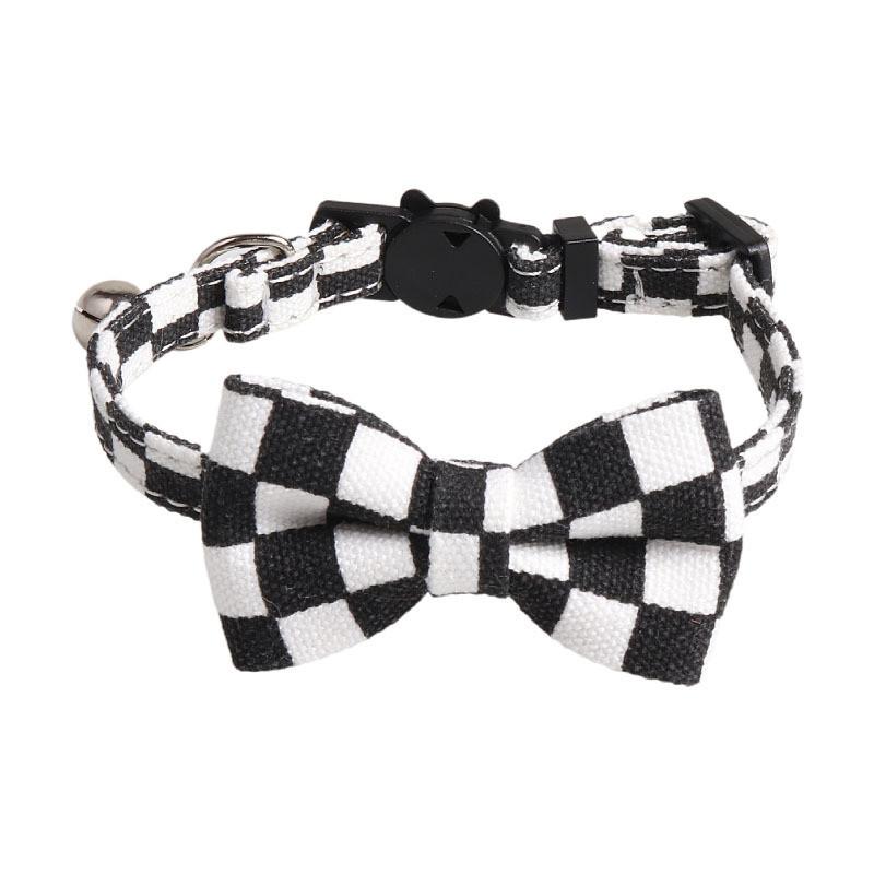 Grid Patterned Pet Collar With Bow And Bell Trendy And Stylish Accessory Black White