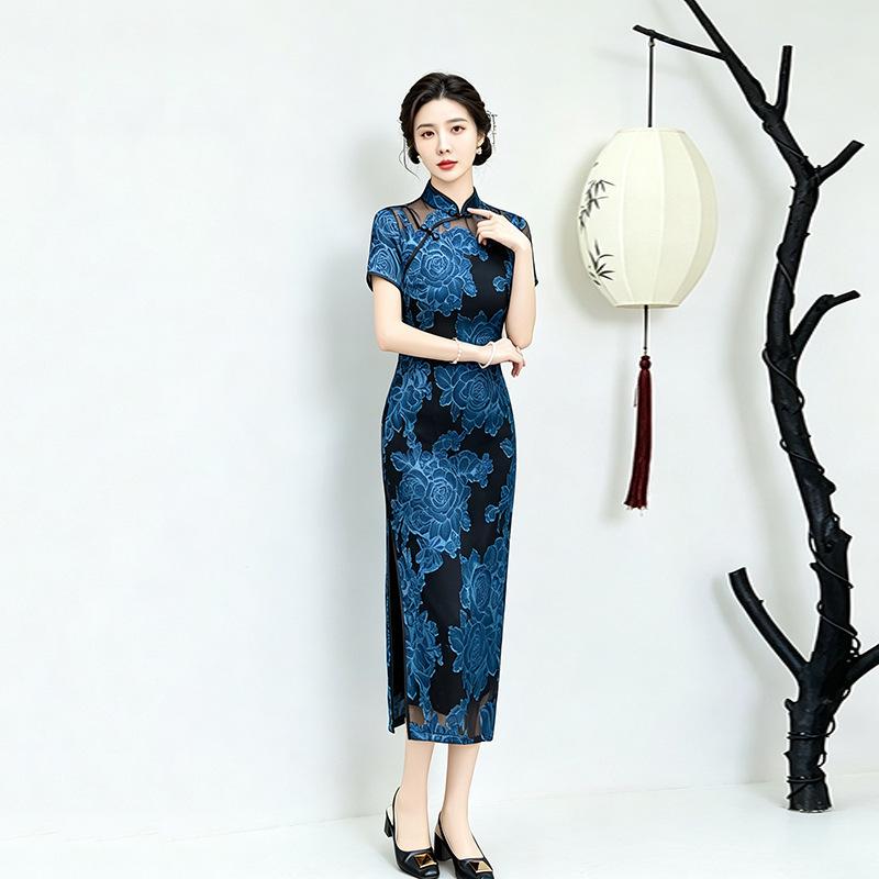 Red National Style New Chinese Suzhou Long Improved Cheongsam Women's High-end Sense Retro Short Sleeves Daily Wear Mother's Clothing