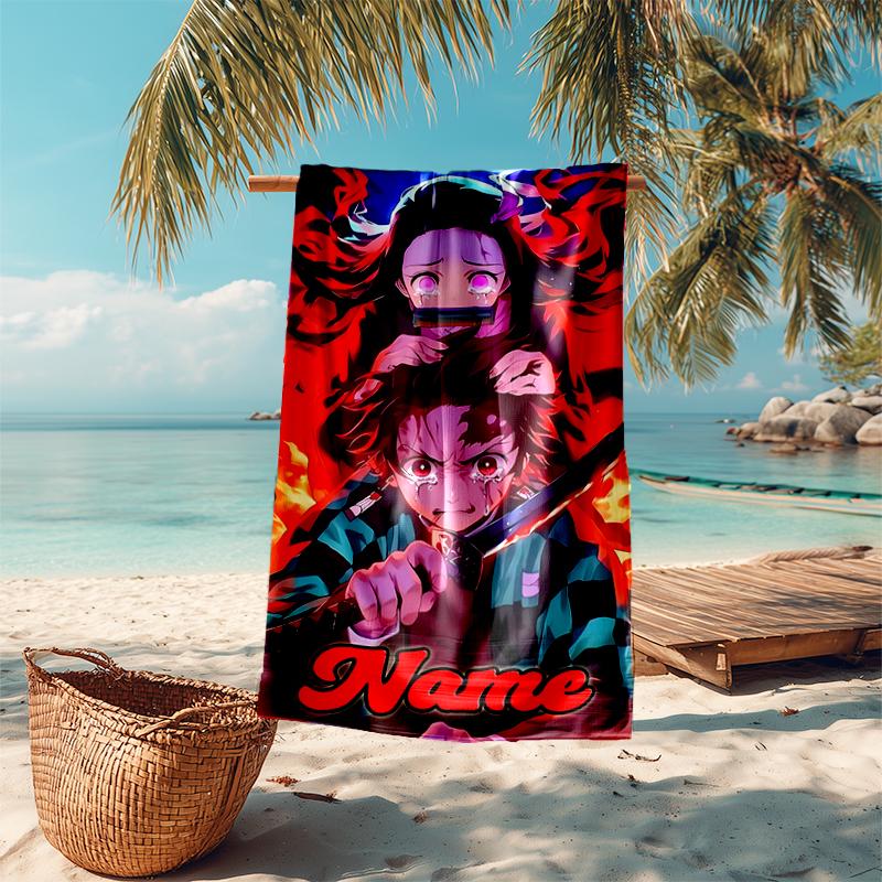 Personalized customized proof beach towel with Demon Slayer Tanjiro Kamado pattern - soft, absorbent, quick-drying, perfect swimming, camping&bathing