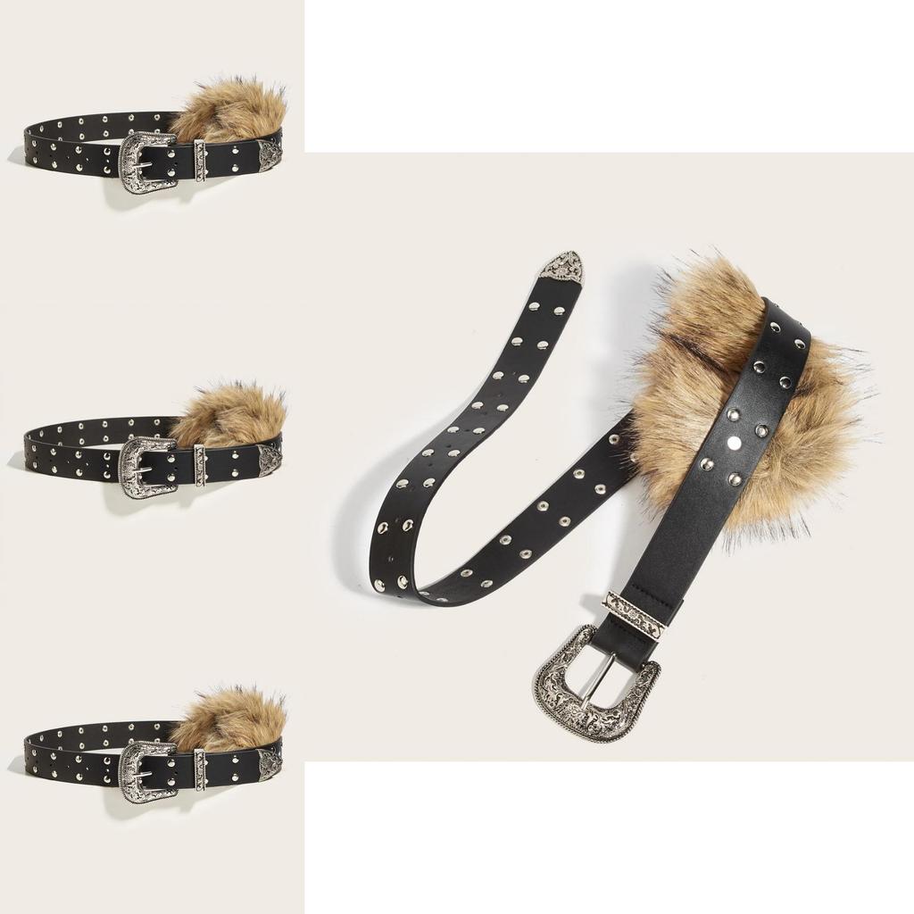 Unique Pu Leather Waist Belt Artificial Fur Design And Carved Needle Buckle For Street Style Fans