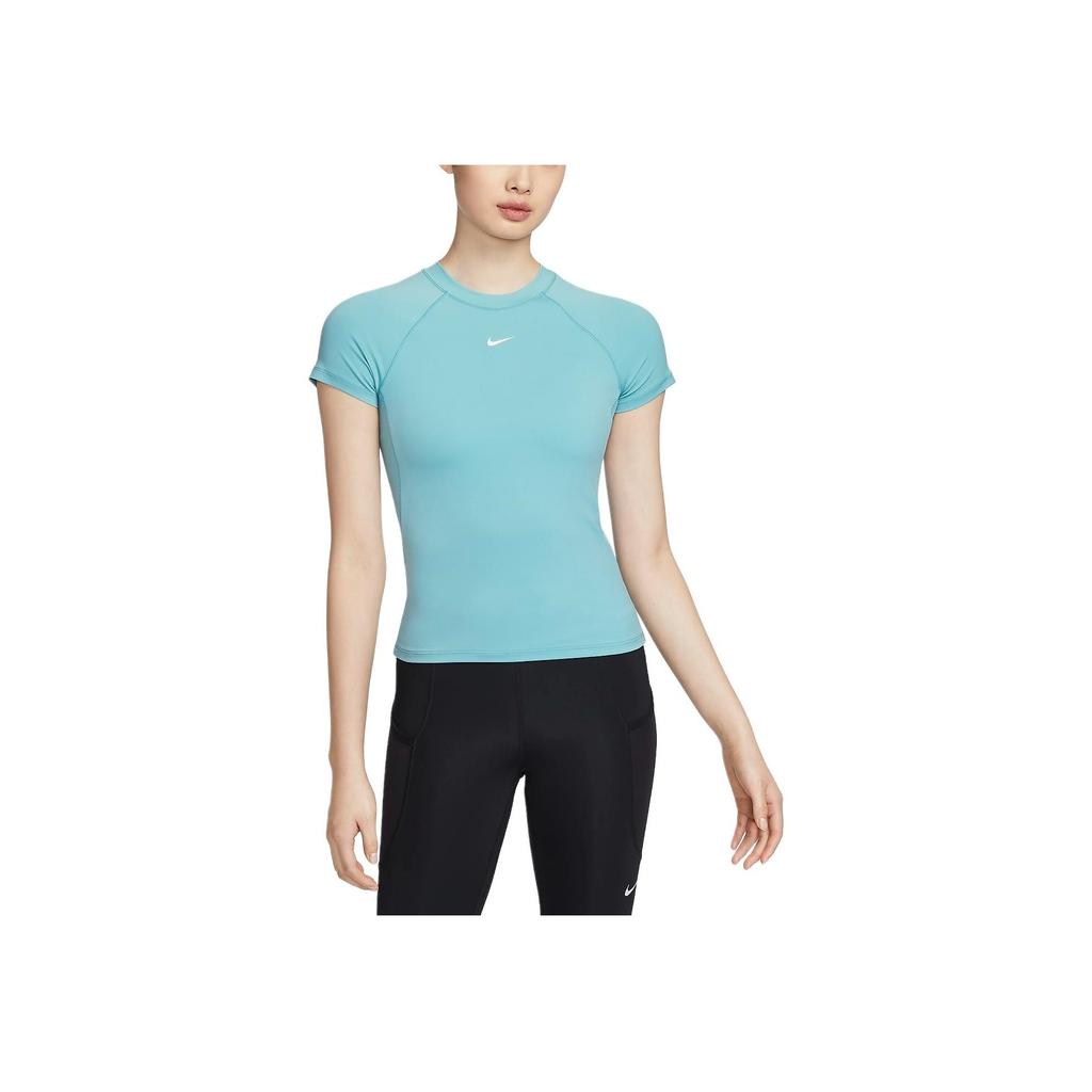 Nike Pro Dri-FIT Quick-Dry Solid Color Breathable Mesh Training Short Sleeve Raglan T-Shirt Women Tops Denim-Blue-Green White FV7843-464
