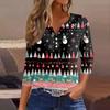 Women's Casual Christmas Print V-Neck 3/4 Sleeve Button T-Shirt