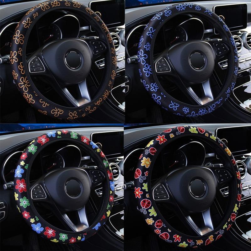 38cm Car Steering Wheel Cover Flowers Print Anti-slip Universal Auto Steering Wheel Protector Interior Accessories