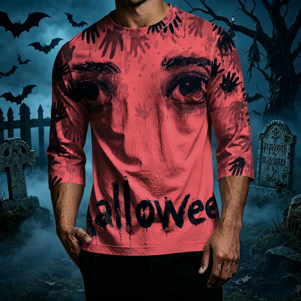 Men's Casual Halloween Graphic Crew Neck T Shirt Three Quarter Sleeve Top Lightweight Comfortable Fit