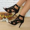 Women's Chunky Heel Peep Toe Cutout Backless High Heel Sandals with Hook & Loop Back Zipper