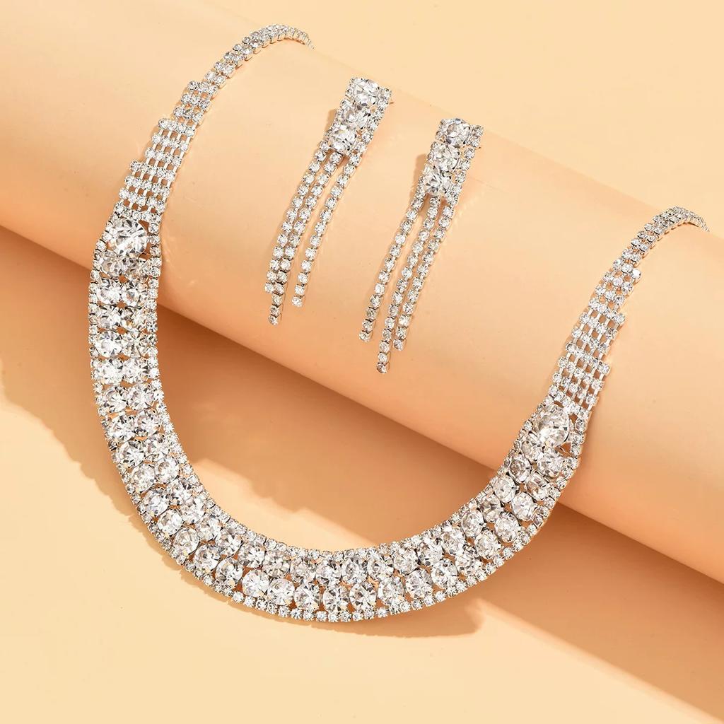 Hot-selling jewelry set, bridal wedding dress, water diamond necklace, bridal earrings necklace, wedding 2-piece set.
