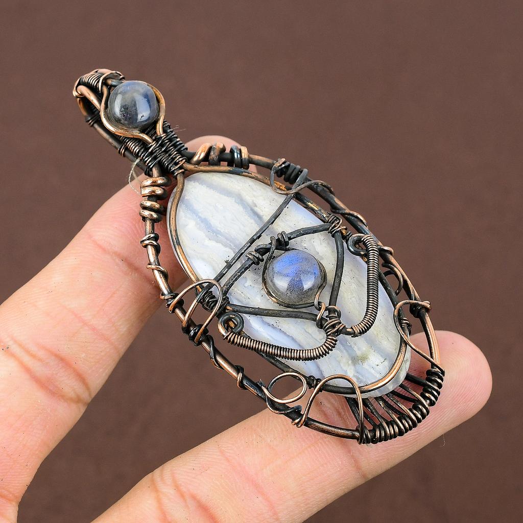 Blue Lace Agate,Labradorite Gemstone Copper Wire Wrap Jewelry Pendant 2.95"
