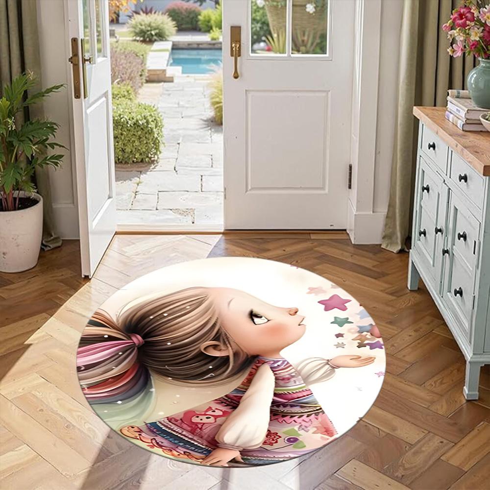Girl Round Area Rug Suitable for Study Room Playrooms Bedrooms Foyer Antislip Round Carpet Decorate Offices Gift for Festivals