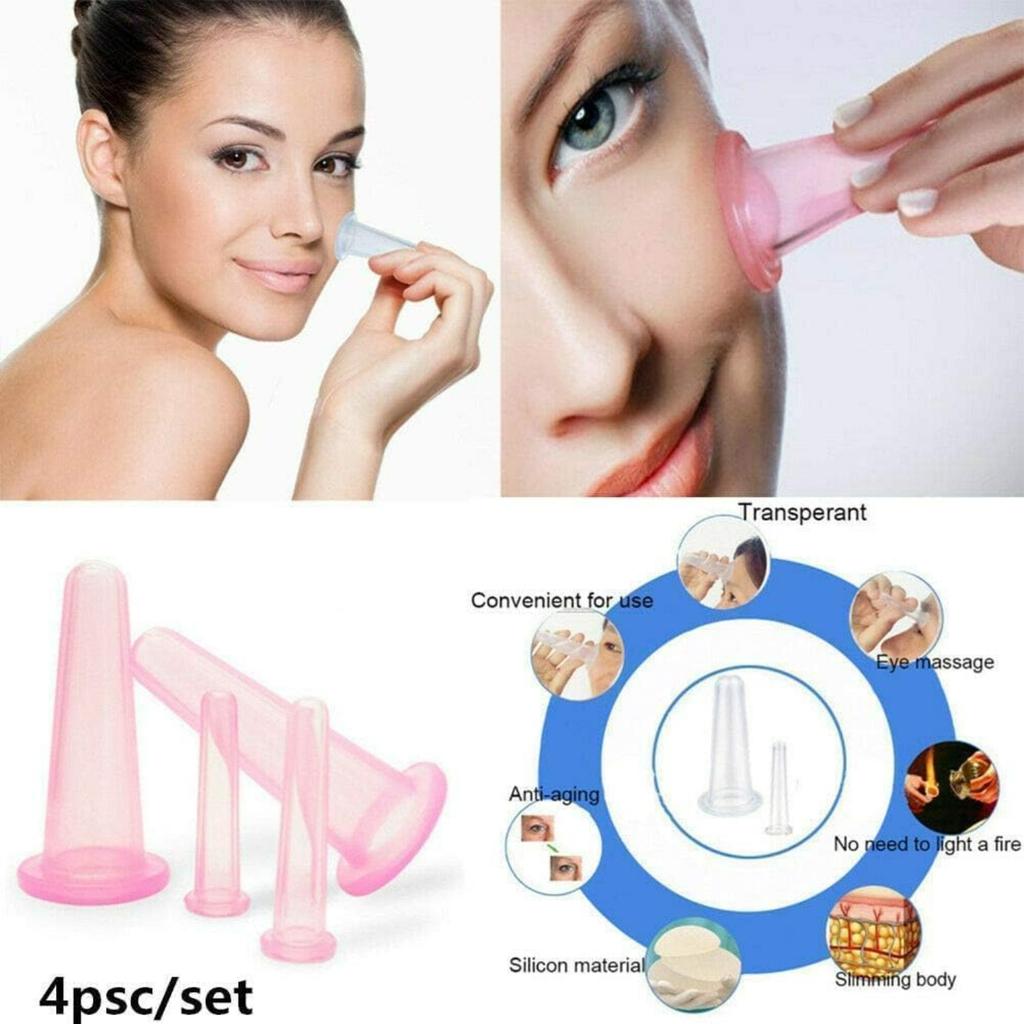 Juego de Ventosaterapia Facial de 4 Piezas para la Cara, Juego de Ventosas de Masaje Rosa, Mini Ventosas Faciales de Silicona, Ayudante Facial, Cuidado de la Piel, Taza de Masaje para Cuello, Espalda, Ojos