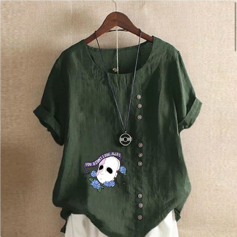 Women's Fashion Round Neck Short Sleeve T-shirt Casual Cotton Linen Graphic Shirt White Mask Prined Summer Blouse Tops Plus Size