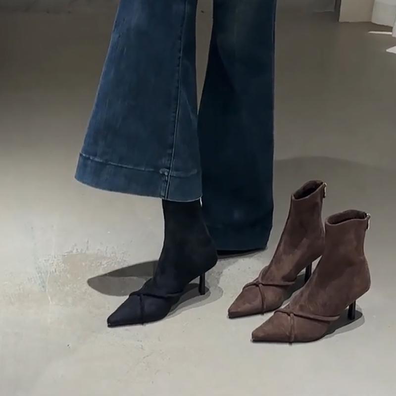 

Мода 2025 Винтажные женские ботильоны Модные туфли на тонком высоком каблуке с острым носком Вечерние для вечеринки выпускного вечера Эластичные облегающие ботильоны для женщин 39 чёрный