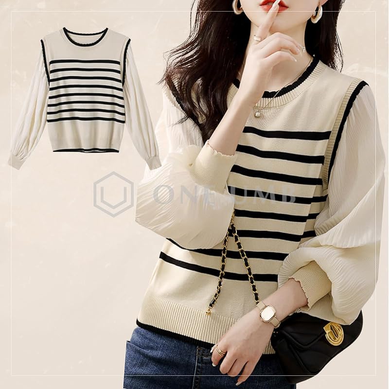 [one Anbu] Border Sweater Ladies Puff Sleeves Knit Puff Sleeve Knit Sheer Blouse Spring Black Docking Knit Puff Sleeves Transparency Black