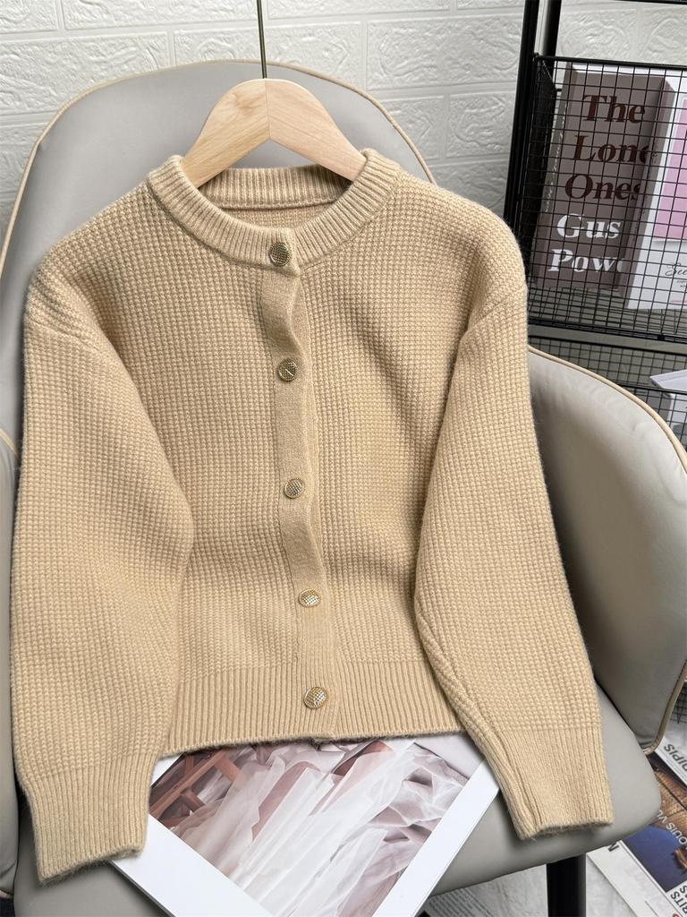 Beige Short Knit Cardigan with Gold Buttons