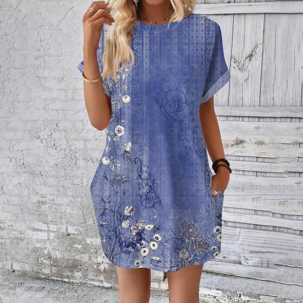 Rochie tricou lungă medie, la modă pentru femei, cu mâneci scurte, cu imprimeu de vară