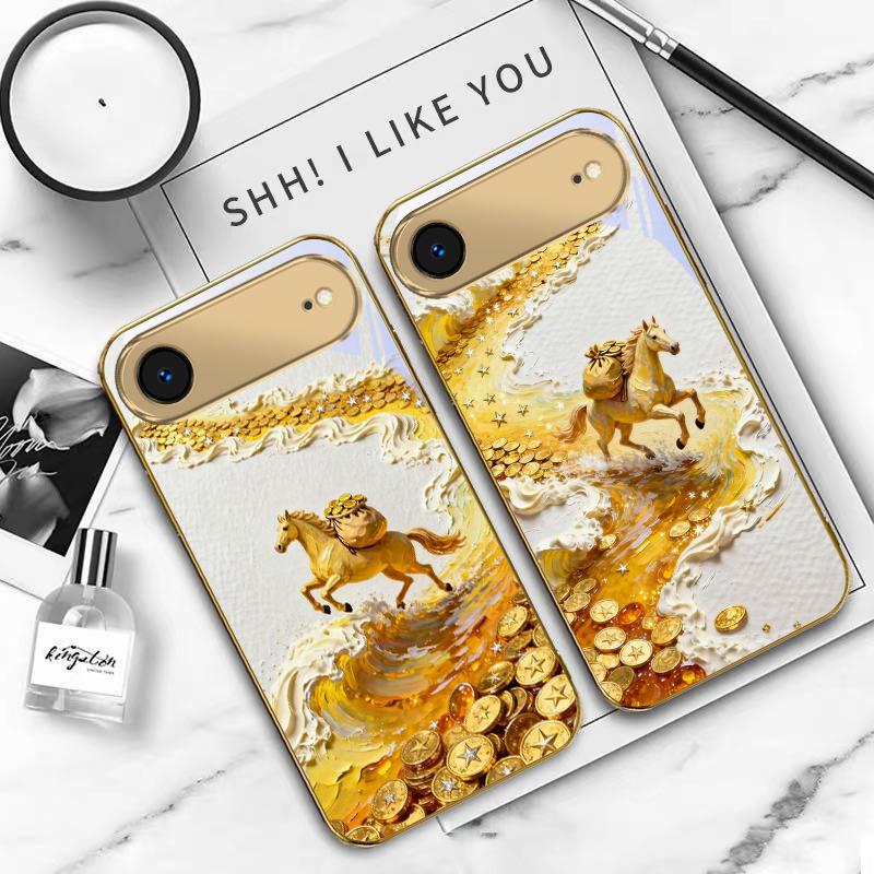 golden galloping horse For IPhone 17Pro Max 16 17 Pro 15 Pro 14 13 Plus 12 Mini 11Pro Max XR 16E 17 Air Golden glass phone case