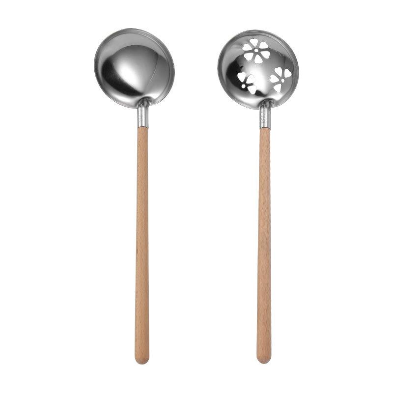 304 Stainless Steel Tableware Japanese Wooden Handle Soup Shell Colander Household Kitchen Gadgets Ramen Spoon Gold