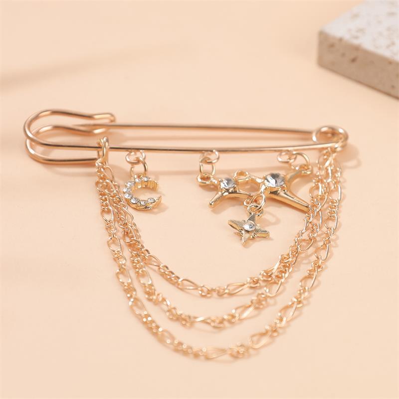 Schmuck Retro Diamant Stern Mond Sichel Kette Quaste Broschen Elegant Damen Kleidung Dekor Zubehör Tasche Anhänger Anzugnadeln